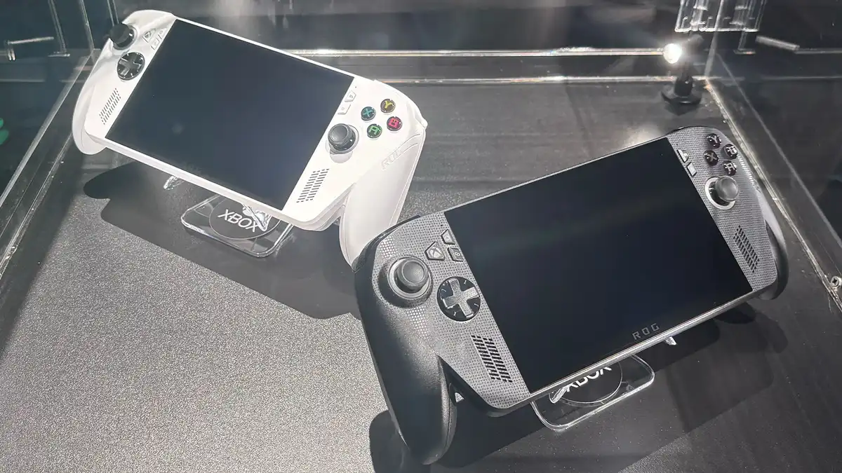Hero image of Clean official product photo of the ROG Ally X handheld gaming console showing the Xbox branding and Auto SR feature, front-facing press image