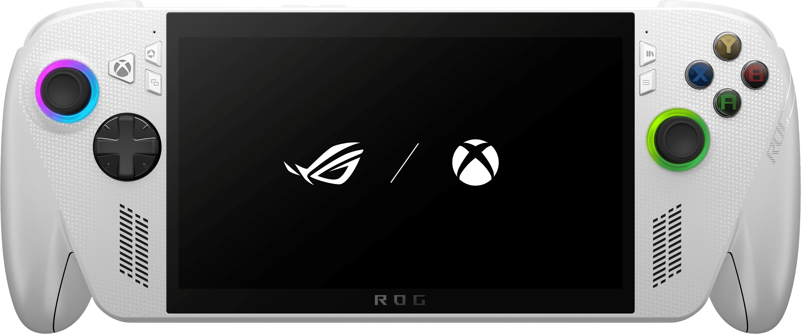 Product Front View image of Straight-on front view of the ROG Ally X handheld device showing the full screen and button layout, clean review-style product photo