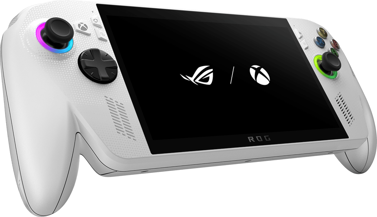 Side View image of Side profile view of the ROG Ally X handheld being held or resting on a surface, showing the device thickness and button placement in a hands-on review context