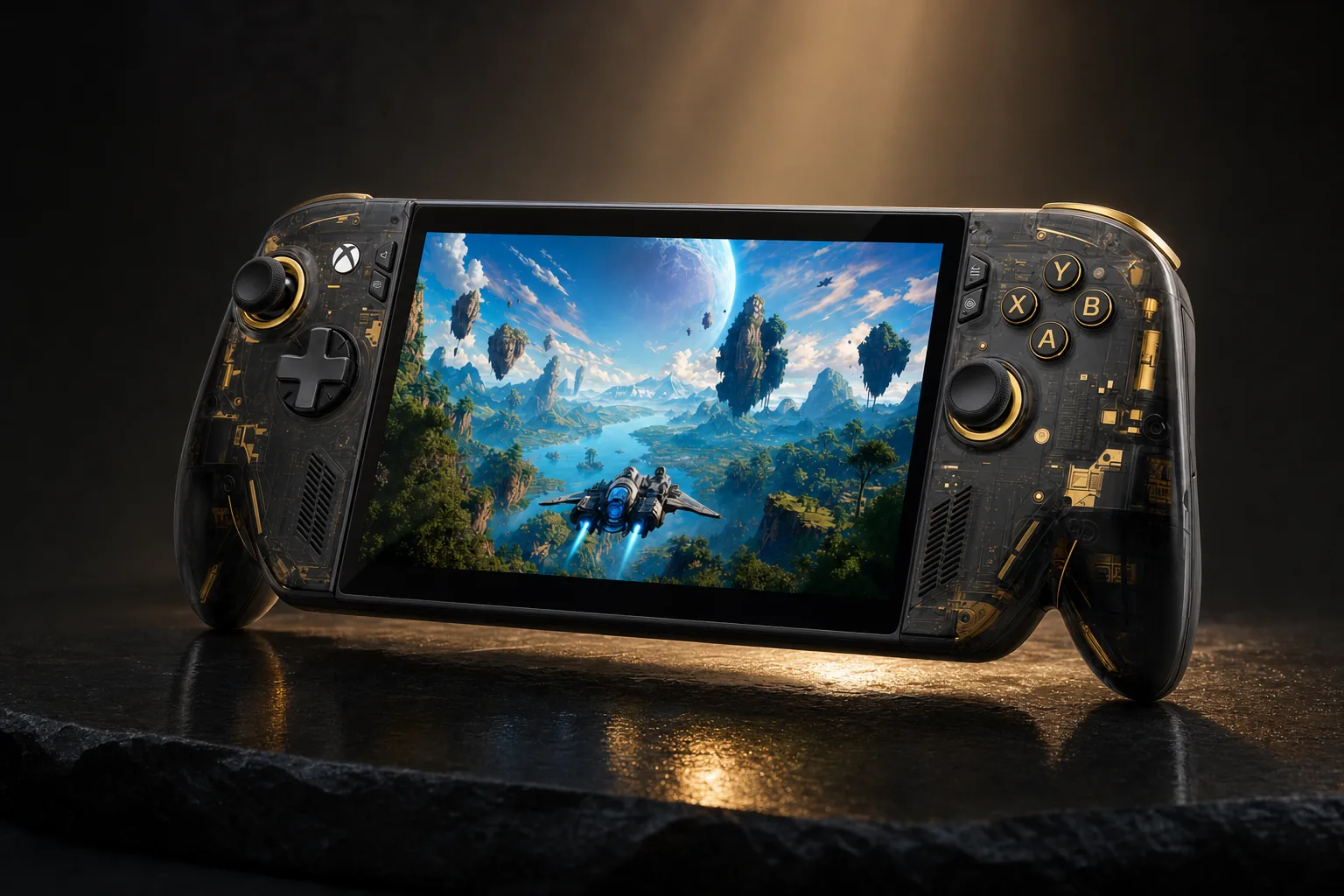 ROG Xbox Ally X20 - The translucent smoked-black shell shows off a gold-finished