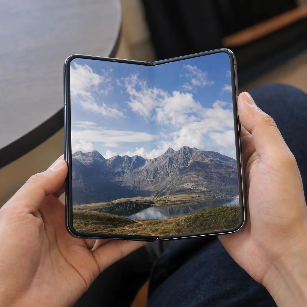 Close-up of a foldable smartphone hinge showing a thin titanium display layer bending at the fold point