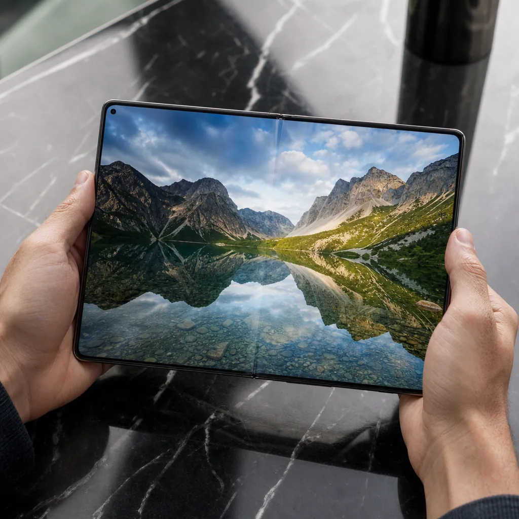A wide-format folding smartphone open on a rooftop with a city skyline at dusk