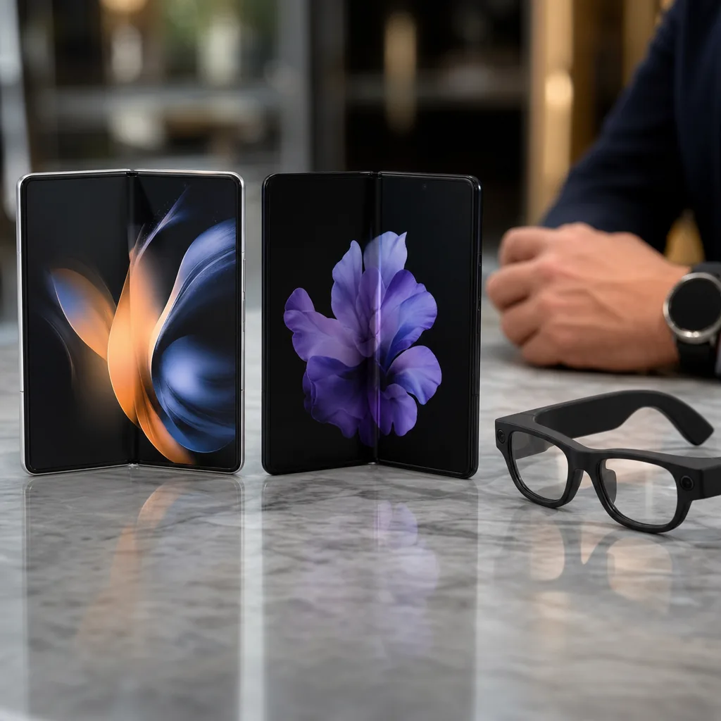 Foldable smartphones beside a pair of smart glasses