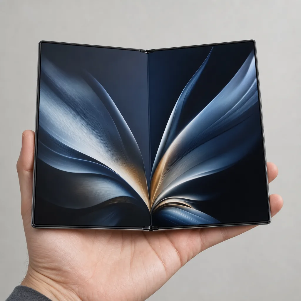 A thin book-style foldable smartphone shown partially open in a studio.