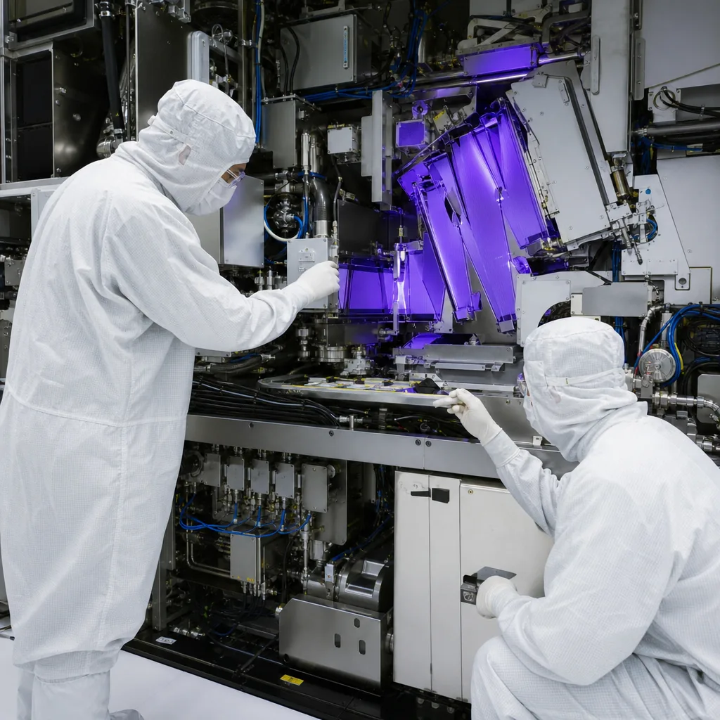 Engineers working beside an EUV lithography system in a semiconductor cleanroom