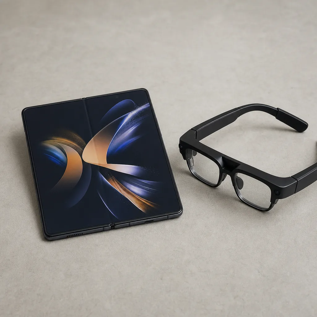 Smart glasses and a folded smartphone on a desk