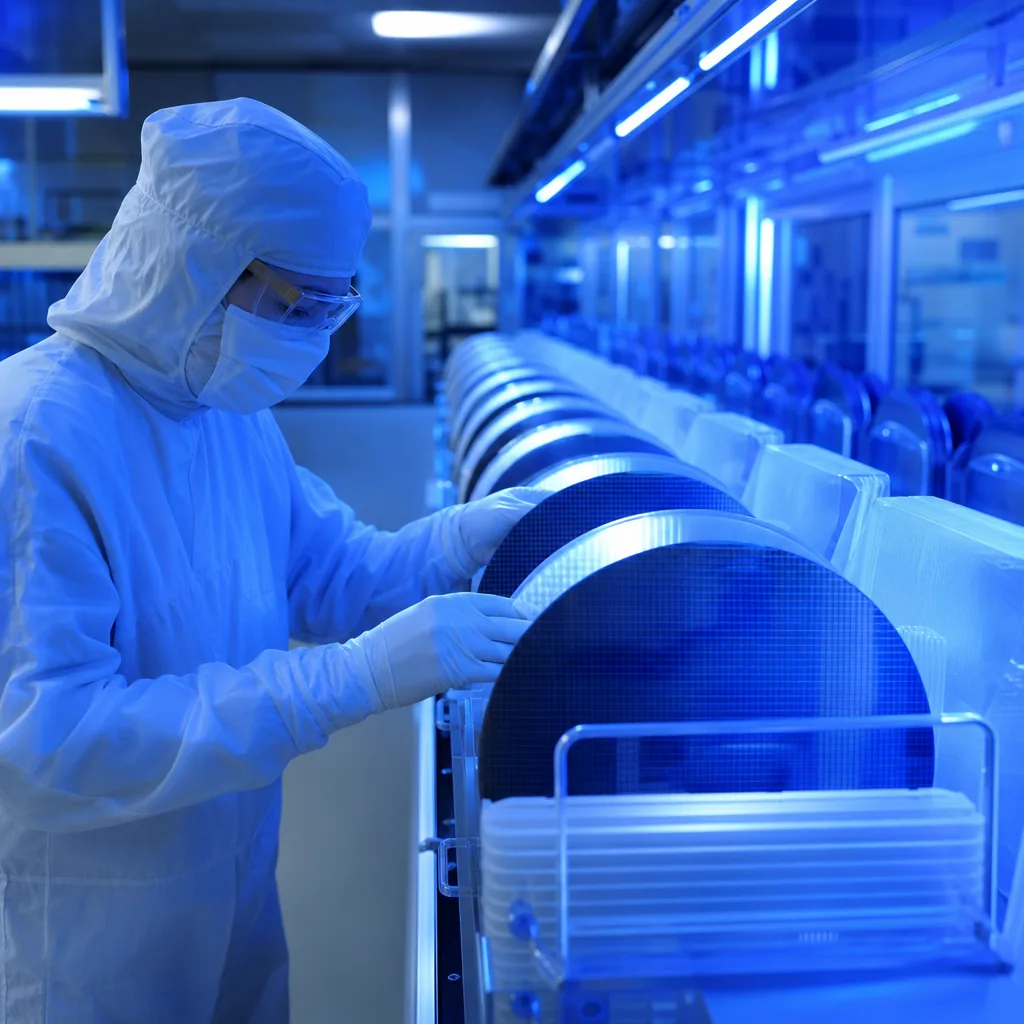 A technician holding a silicon wafer in a semiconductor cleanroom