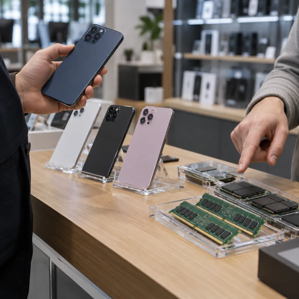 Smartphones beside computer memory chips on a shop counter