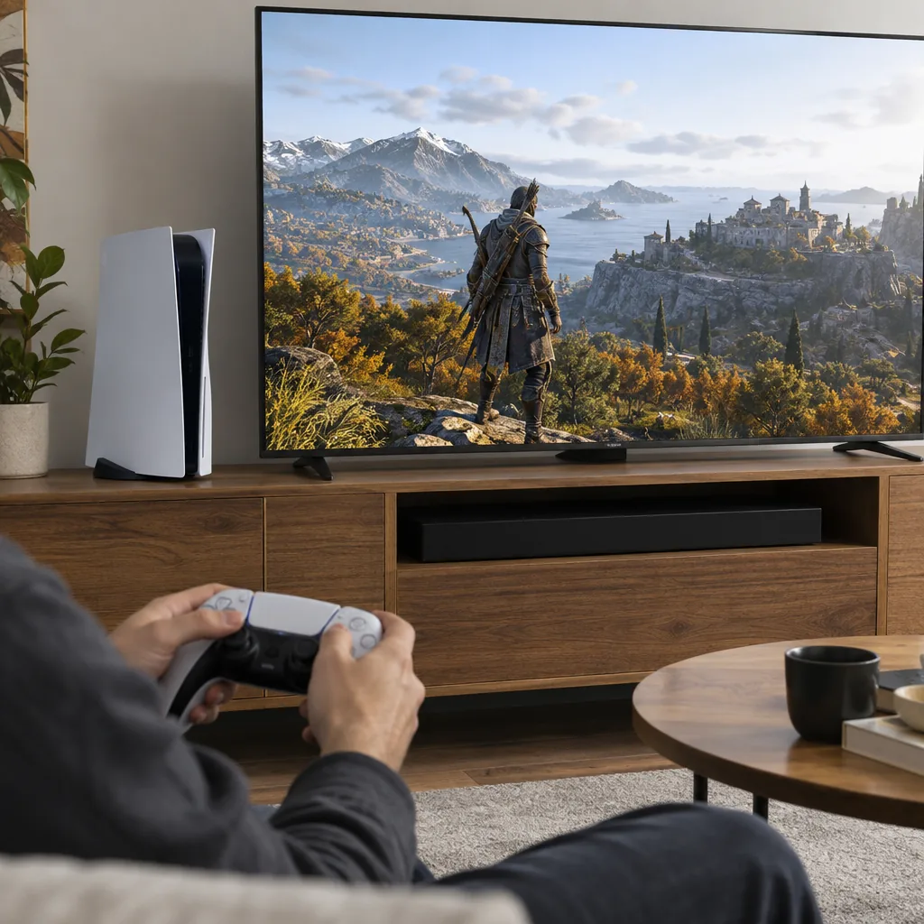 A standard white PS5 beside a television showing a detailed game environment