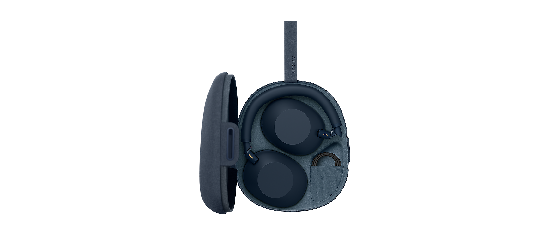 Sony WH-1000XM6 folded inside their dark blue carrying case