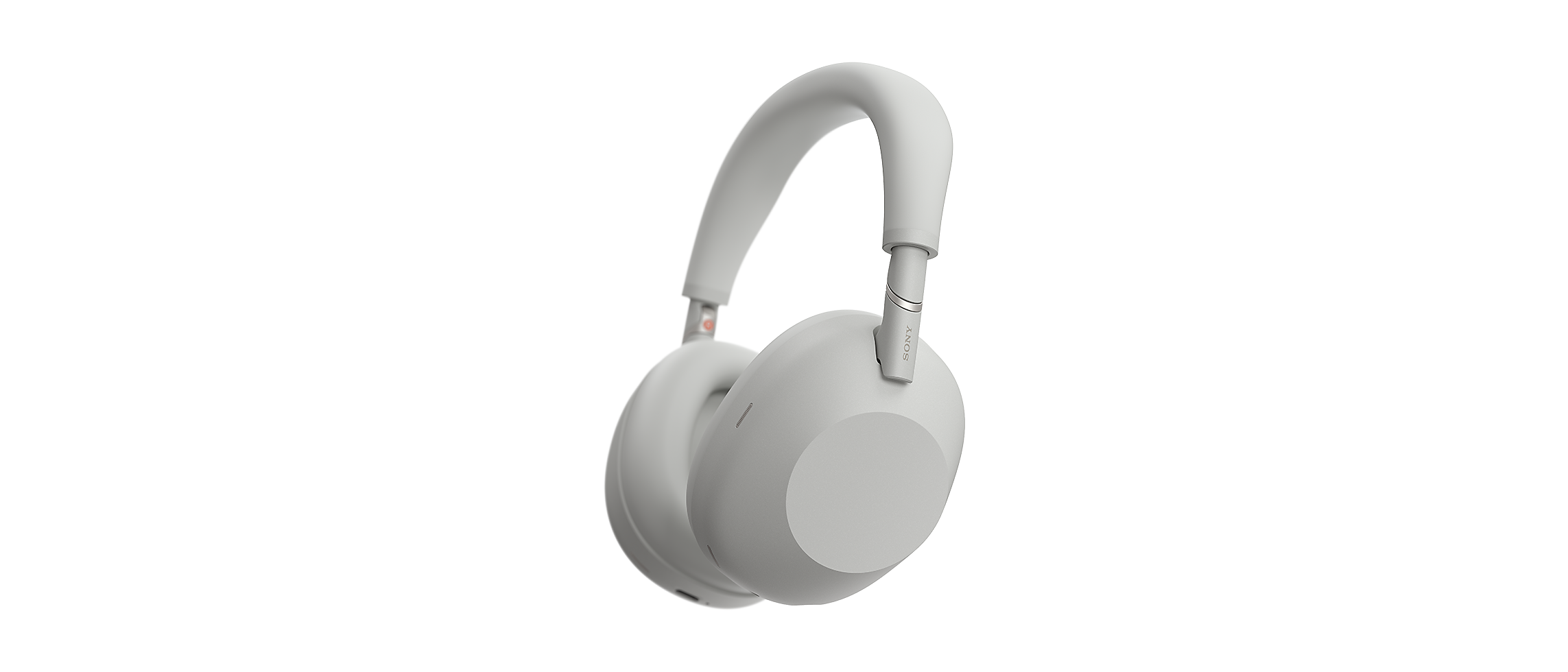 Three-quarter angle of the Sony WH-1000XM6 in silver showing headband and hinge detail