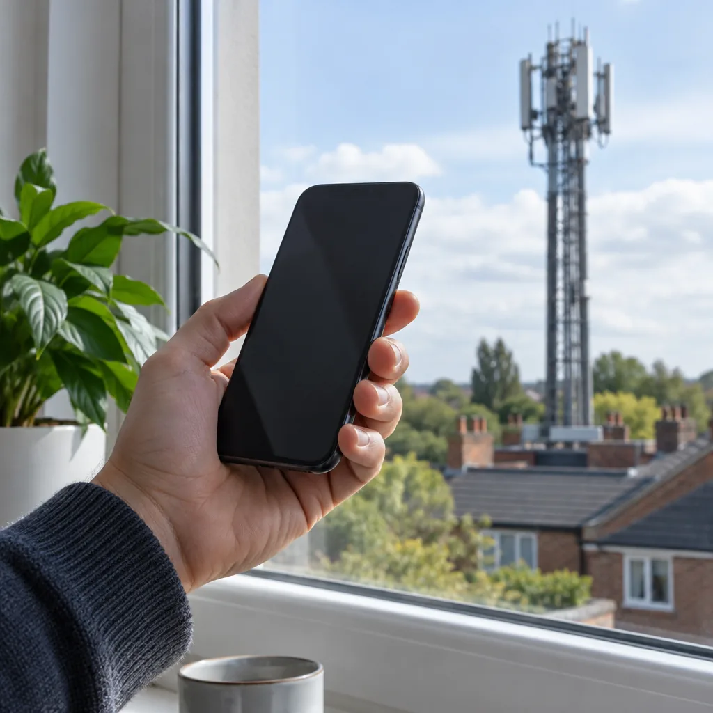 Smartphone held indoors near a window with a mobile mast outside
