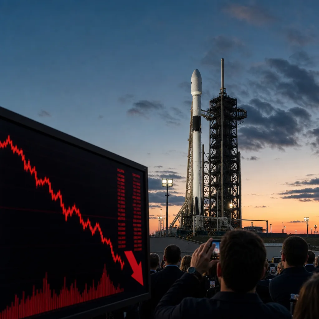A reusable orbital rocket on a launch pad at dusk