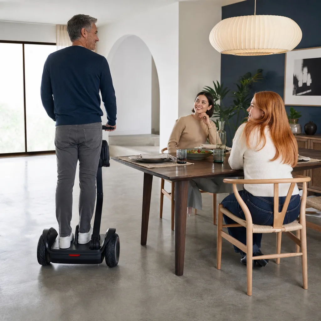 A personal mobility vehicle manoeuvring around a dining table indoors