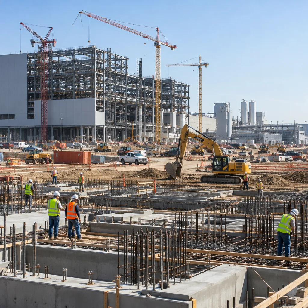 Construction equipment and foundations at a large semiconductor fab site in Texas