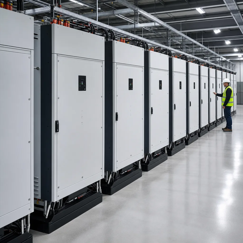 Solar panels, a power inverter cabinet and a humanoid robot