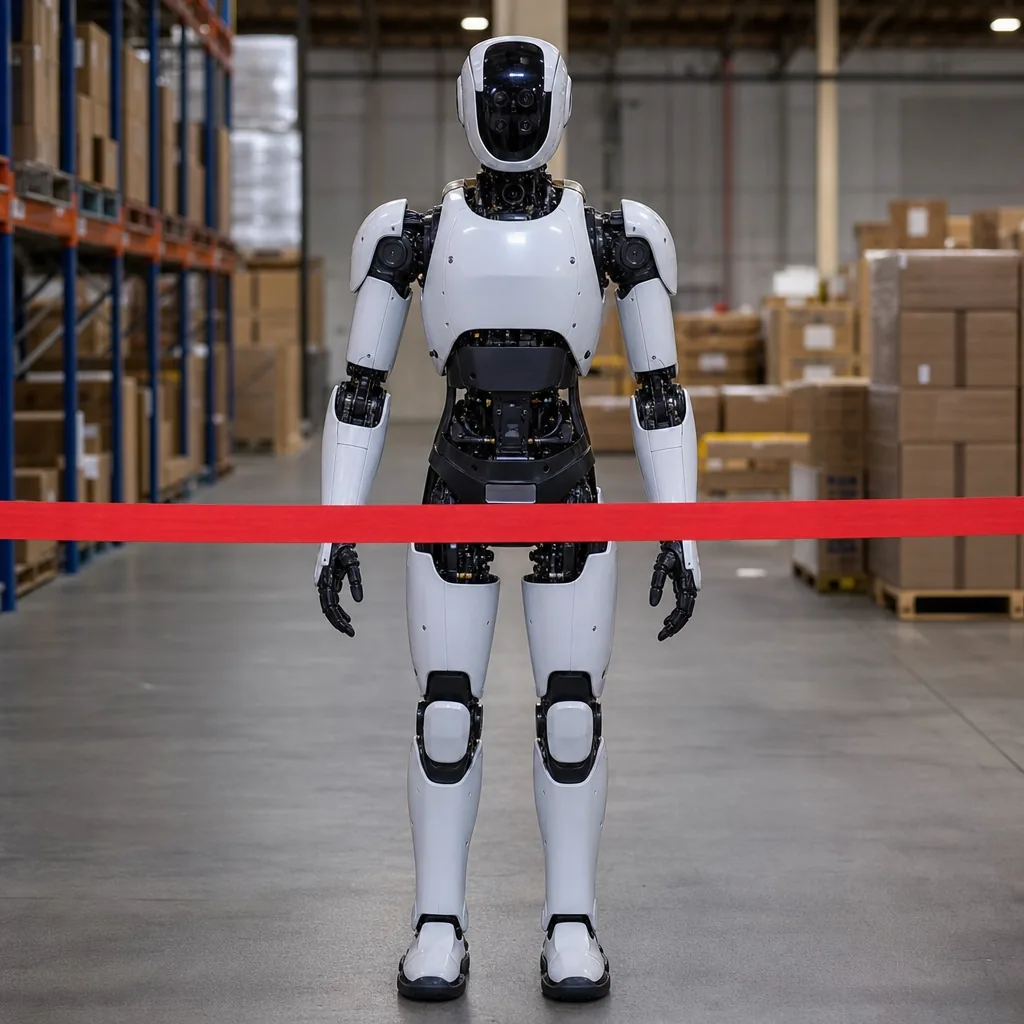 A humanoid robot and quadruped robot in an industrial warehouse