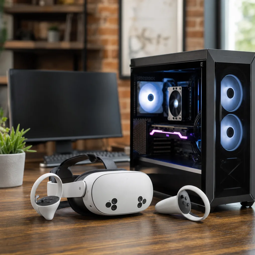 Standalone VR headset and controllers beside a gaming PC