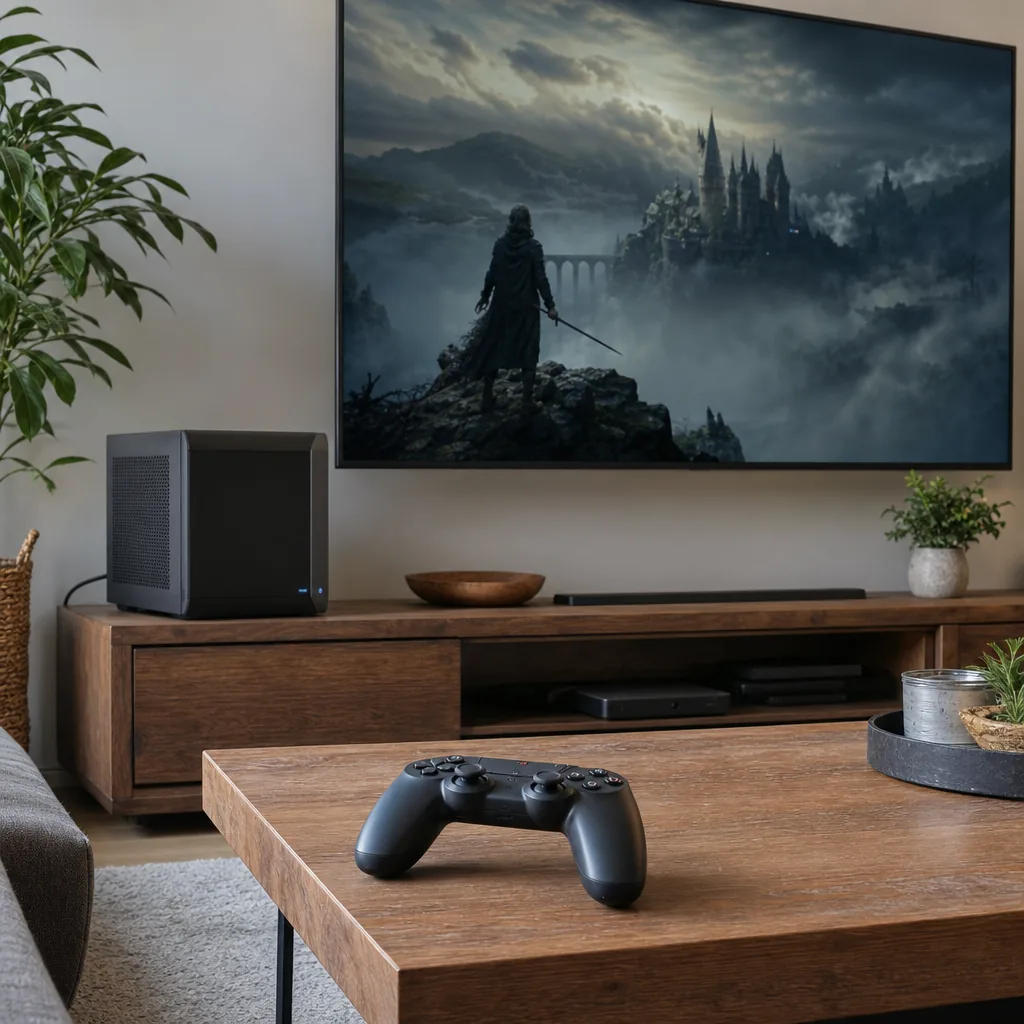 A compact black gaming PC on a living room shelf connected to a large TV