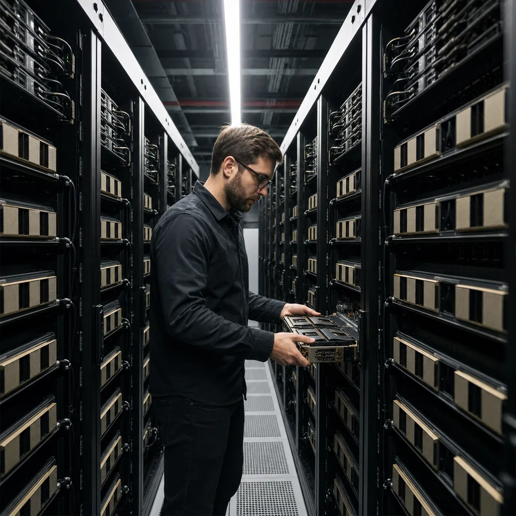 Rows of server racks in an AI data centre
