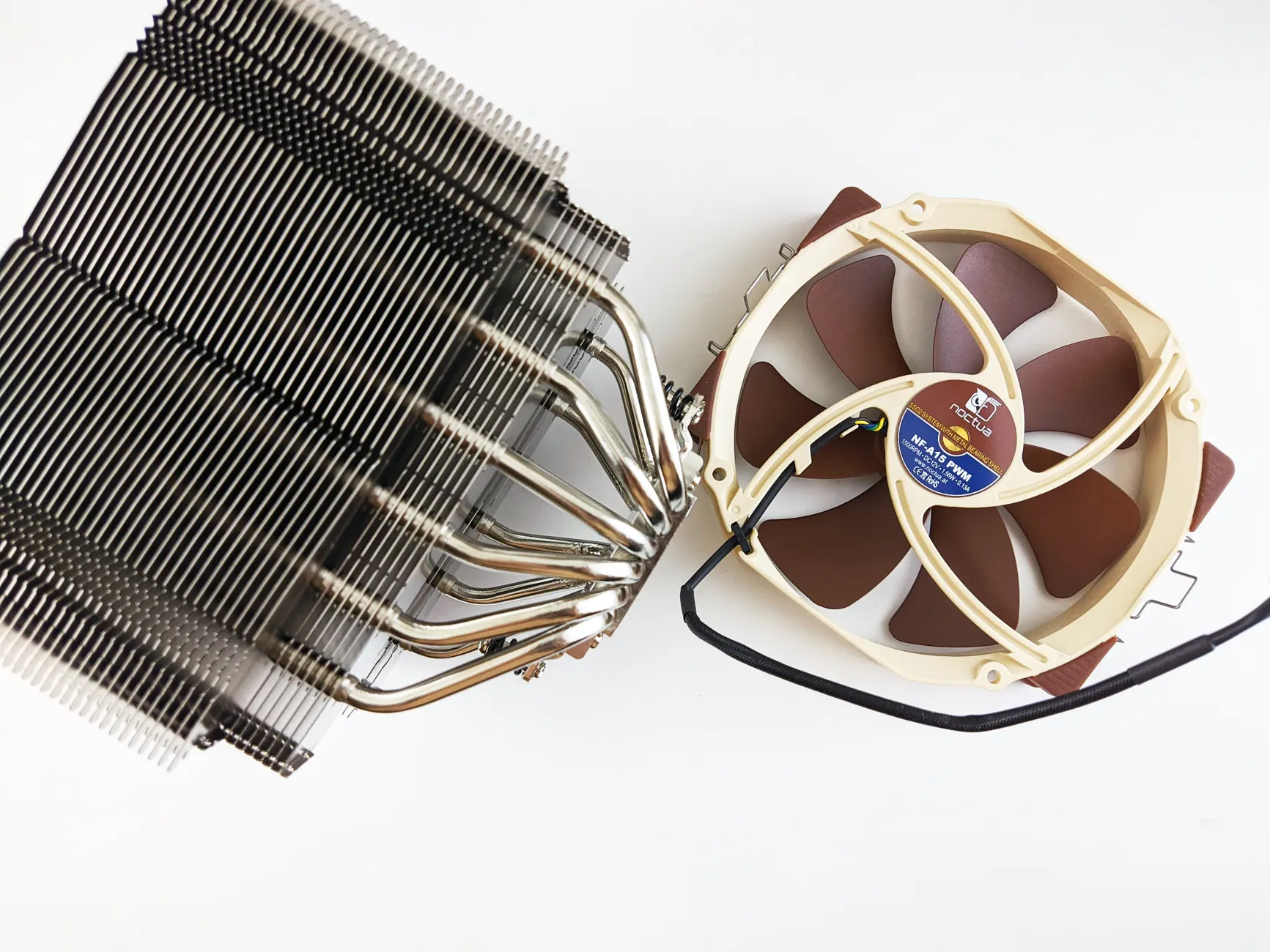 Quiet Fan Upgrade Fix image of Official or review press photo of a Noctua NH-D15 quiet CPU cooler, front view showing dual fans and heatsink, clean product photography