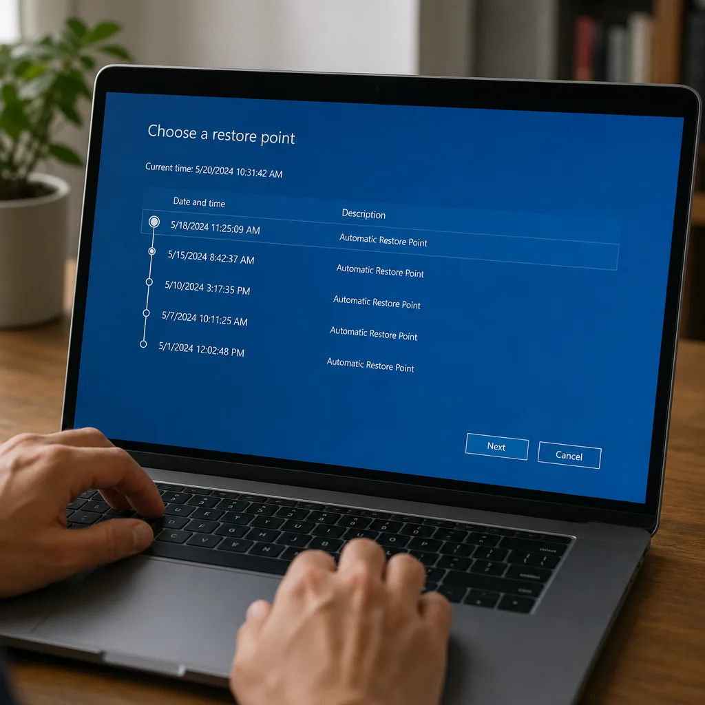 Laptop screen showing a Windows recovery environment rollback progress screen