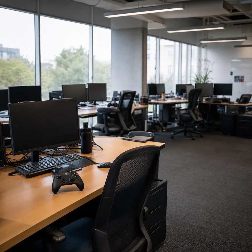 A black gaming controller on a desk in front of a dark monitor