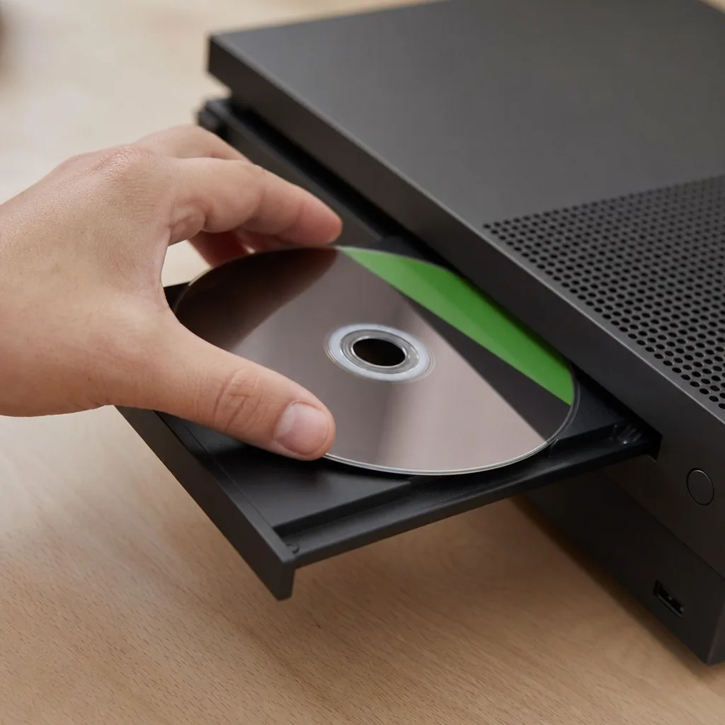 Person holding a physical Xbox game disc case in front of a TV showing a digital game library