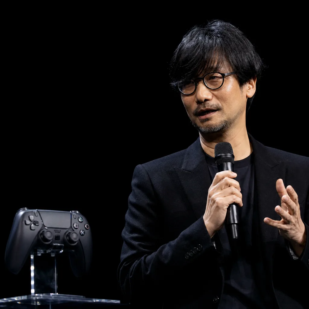 Hideo Kojima speaking on a dark stage beside a games controller