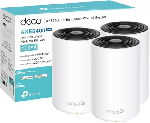 TP-Link Deco XE75 Pro(3-pack) AXE5400Mbps Mesh WiFi 6E System, True Tri-Band Speed, 2.5 Gbps Port, AI-Driven, Coverage u