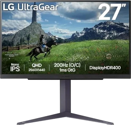 LG UltraGear Gaming Monitor 27GS85Q, 27 inch, 1440p, 200Hz Overclocked, 1ms Response Time, IPS Panel, NVIDIA G-Sync comp