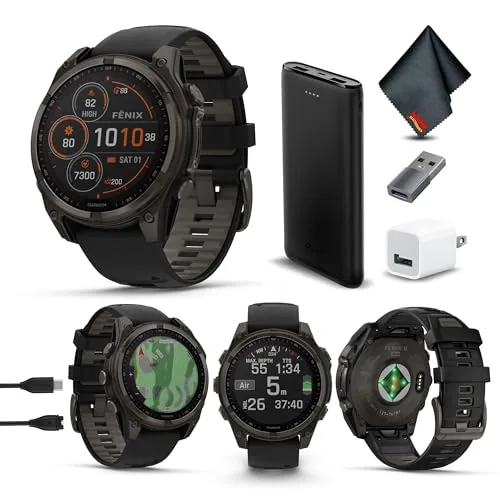 Garmin Fenix 8 47MM Solar Sapphire Multisport GPS Smartwatch Carbon Gray DLC Titanium with Black Gray Silicone Band, Bui