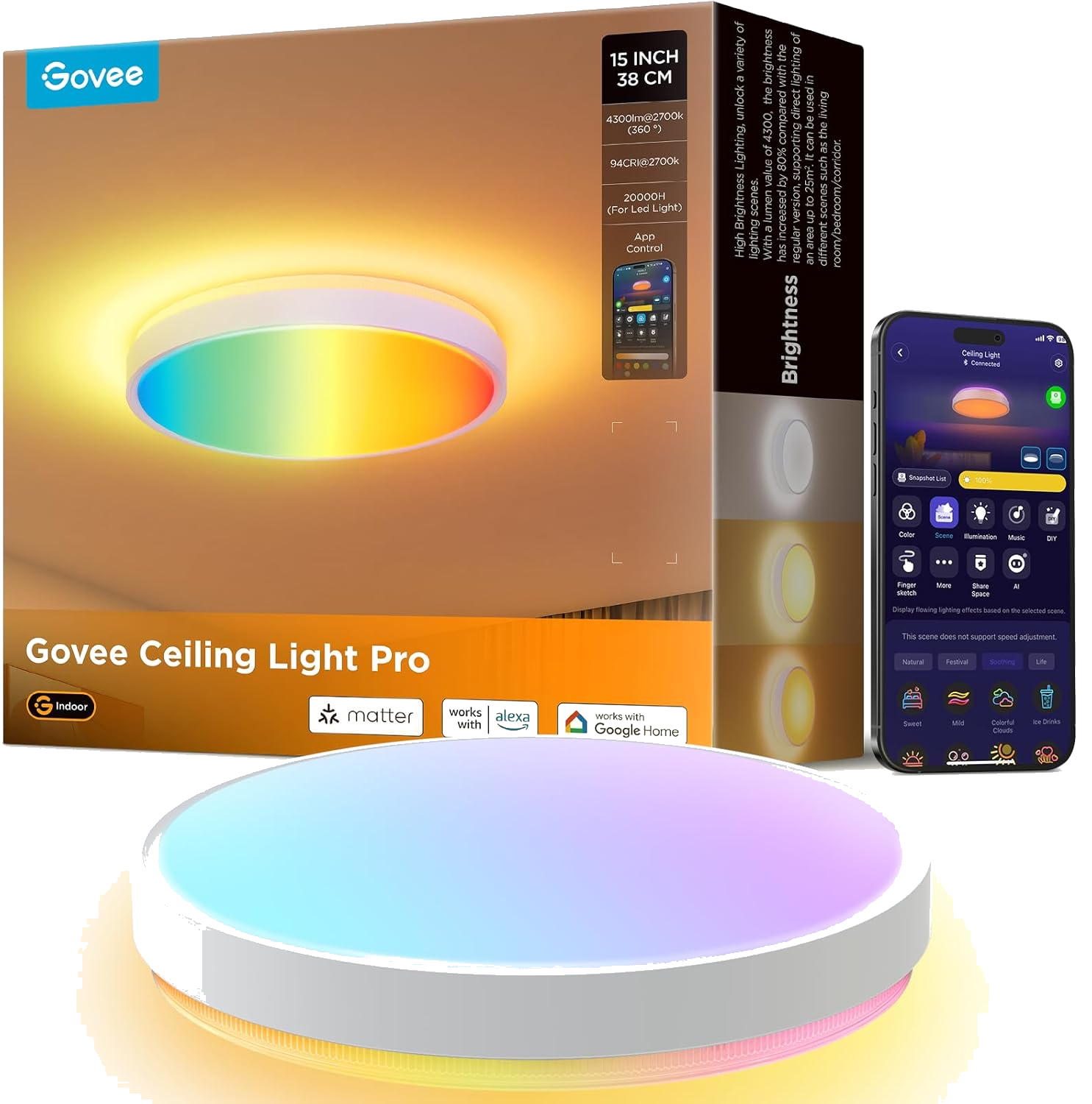 Govee RGBIC Ceiling Light 48.5W, Smart LED Ceiling Light 4300lm, Flush Mount Lamp Work with Matter Alexa Google Home, for Bedroom Living Room Kitchen