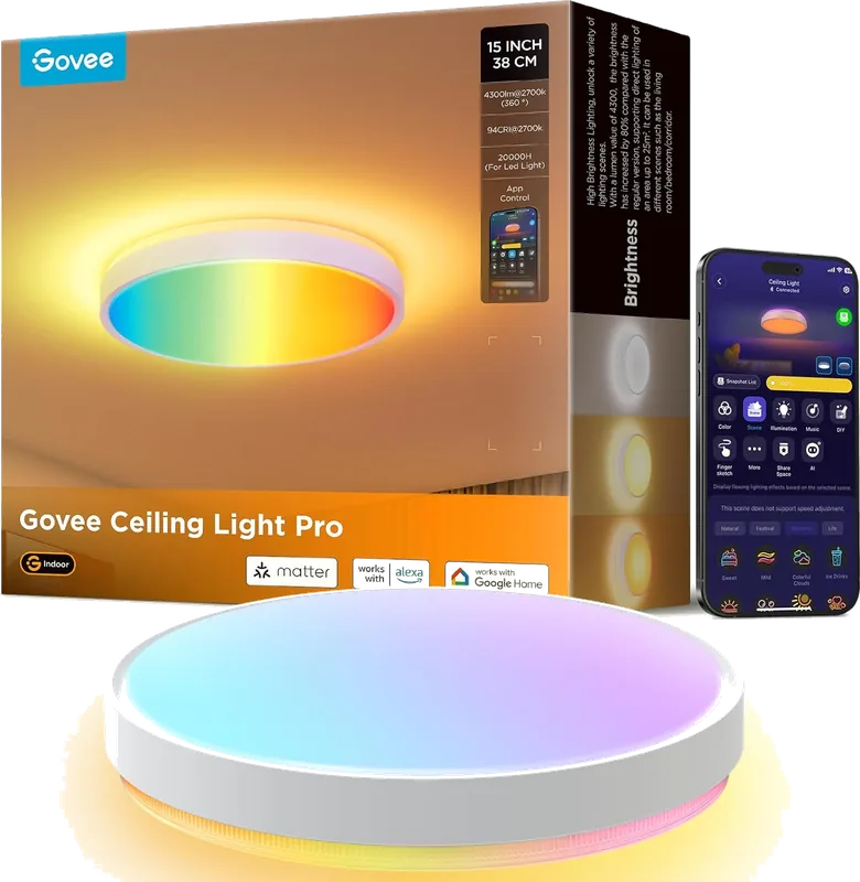 Govee RGBIC Ceiling Light 48.5W, Smart LED Ceiling Light 4300lm, Flush Mount Lamp Work with Matter Alexa Google Home, for Bedroom Living Room Kitchen